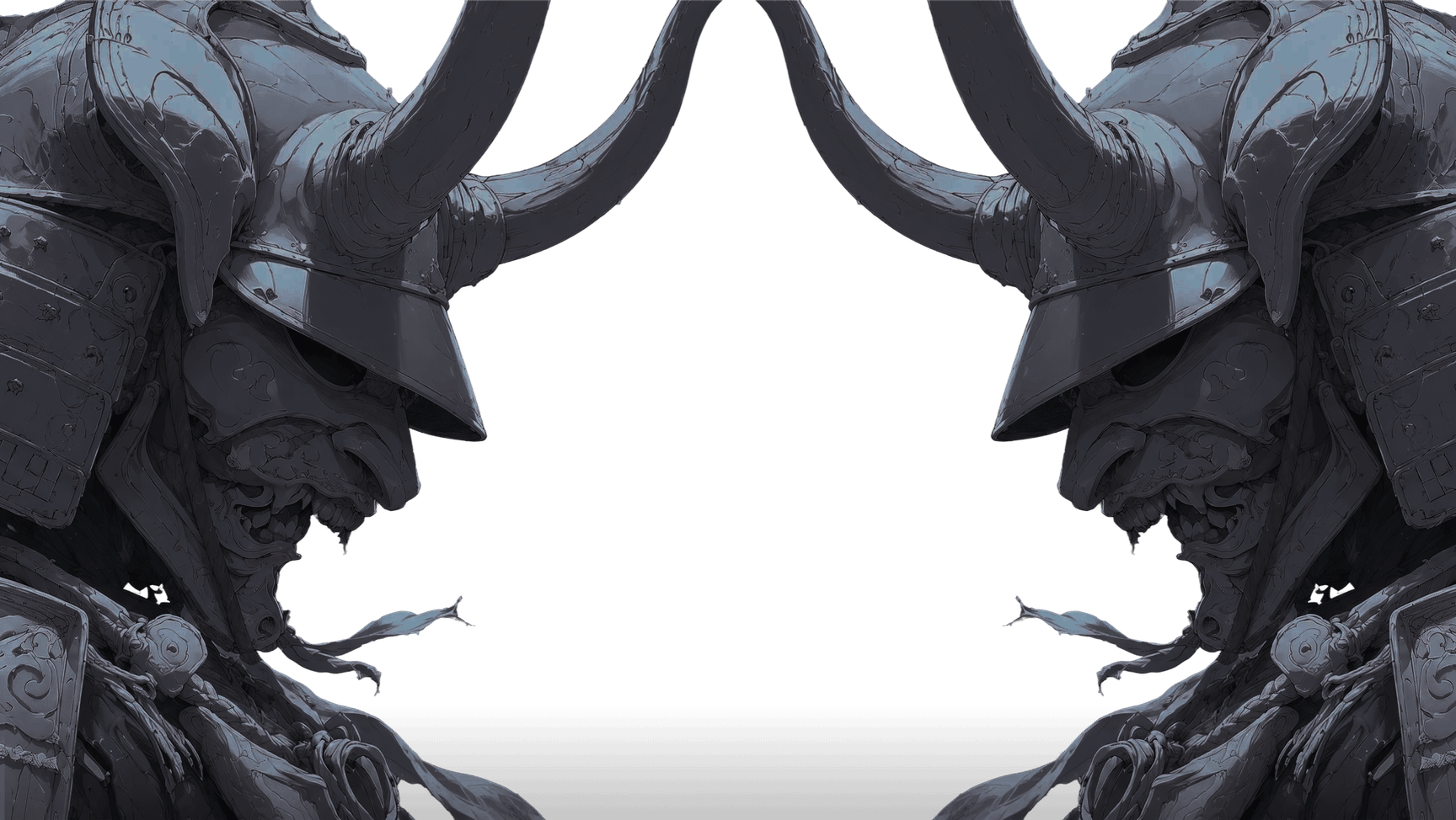 Two great horned samurai helmets flank the doorway.