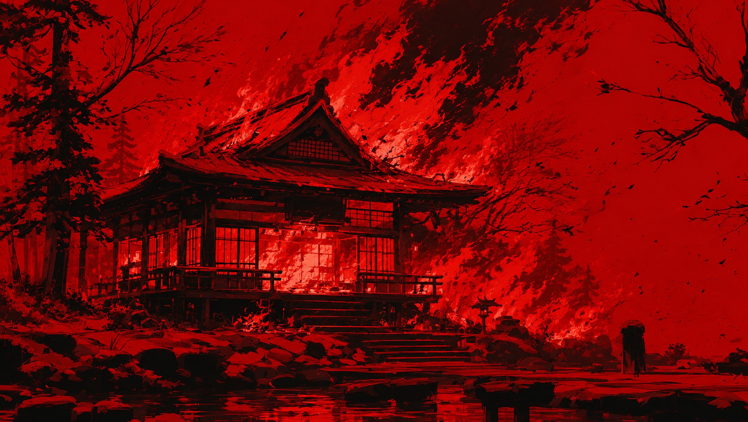 A mountain temple engulfed in flame — the family home burning against a blood-red sky, a lone figure watching from the water's edge.