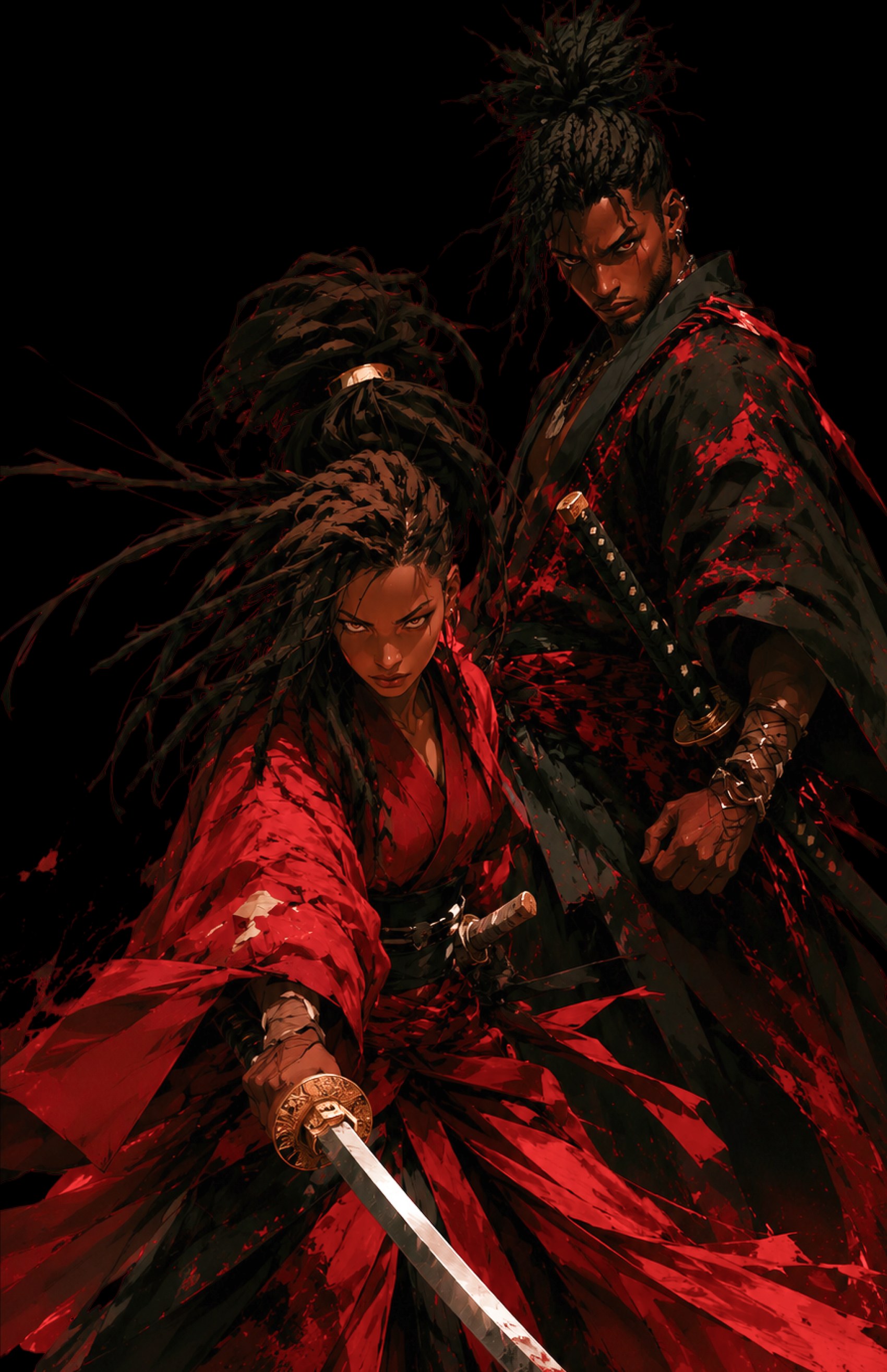 Tanjo and Nao stand back to back — she in red with katana drawn, he in black and red, hand on his sword.