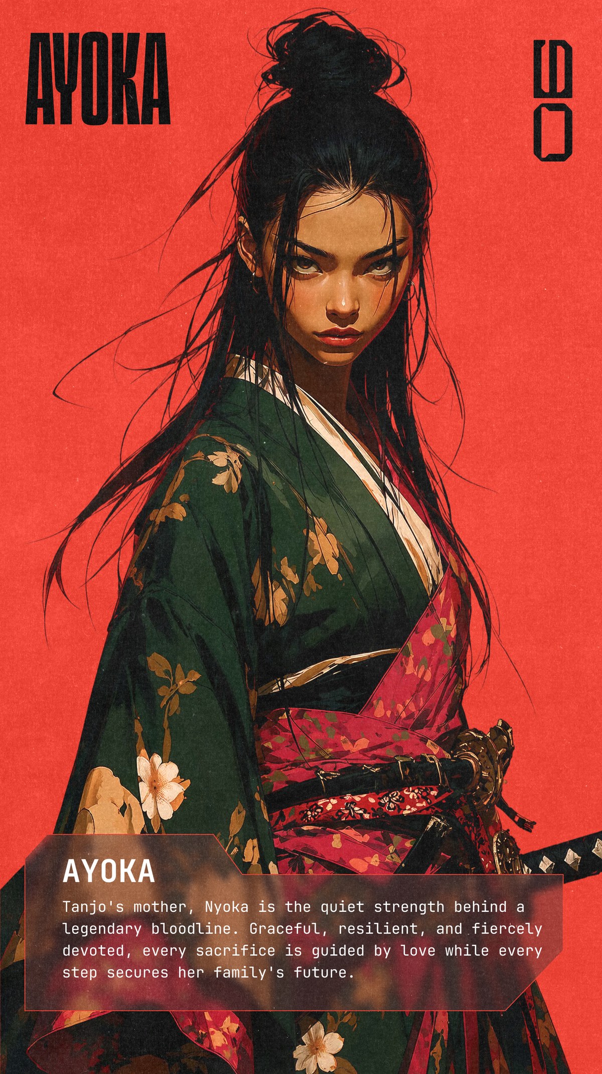 AYOKA, 06 — Tanjo's mother and the quiet strength behind a legendary bloodline. Graceful, resilient, and fiercely devoted to her family's future.